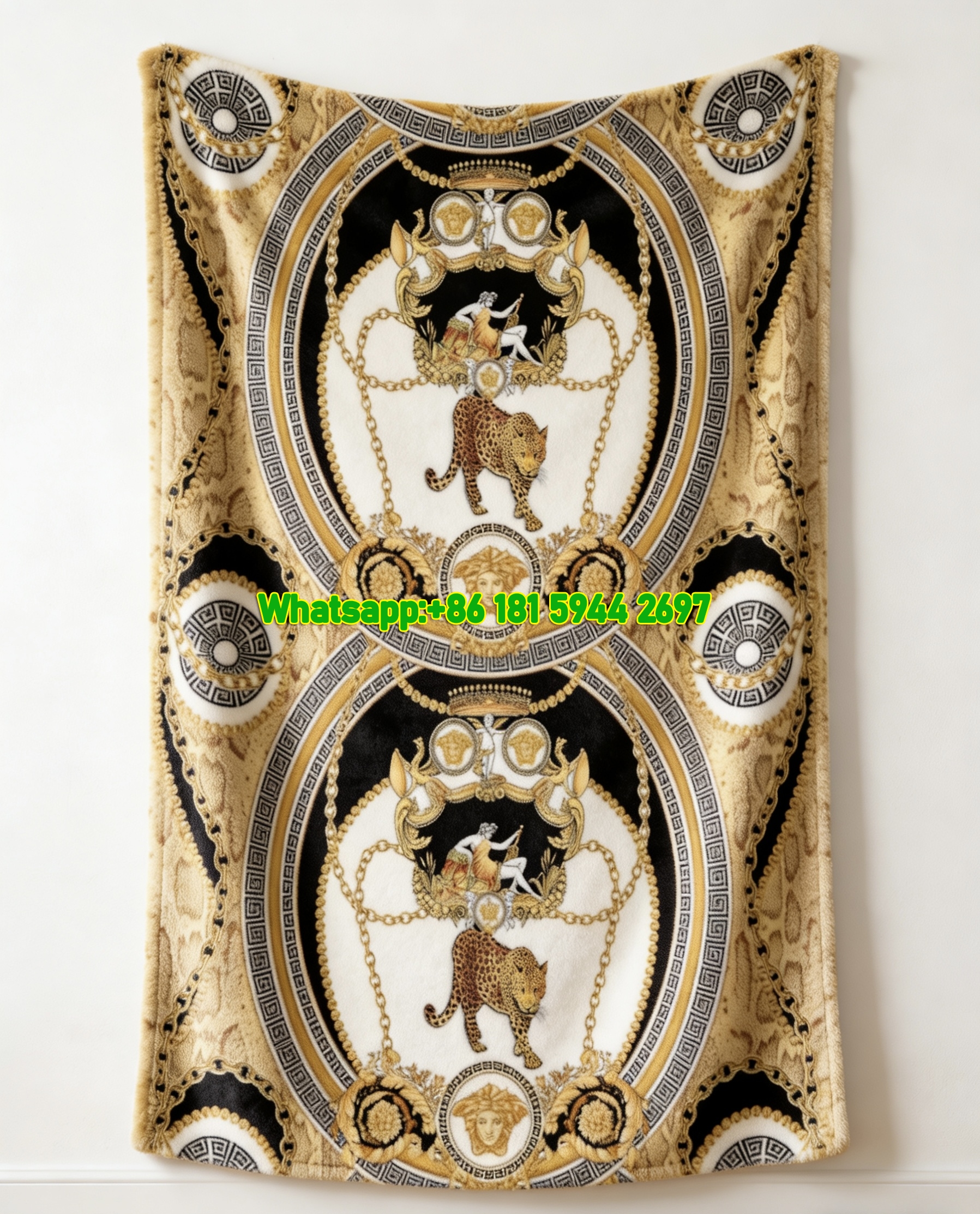 Versace Black White and Gold Leopard Medusa Print Flannel Throw Blanket IMG_1501